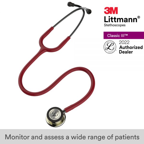 3M Littmann Classic III Stethoscope, Champagne Chestpiece, Burgundy Tube, 27 inch, 5864